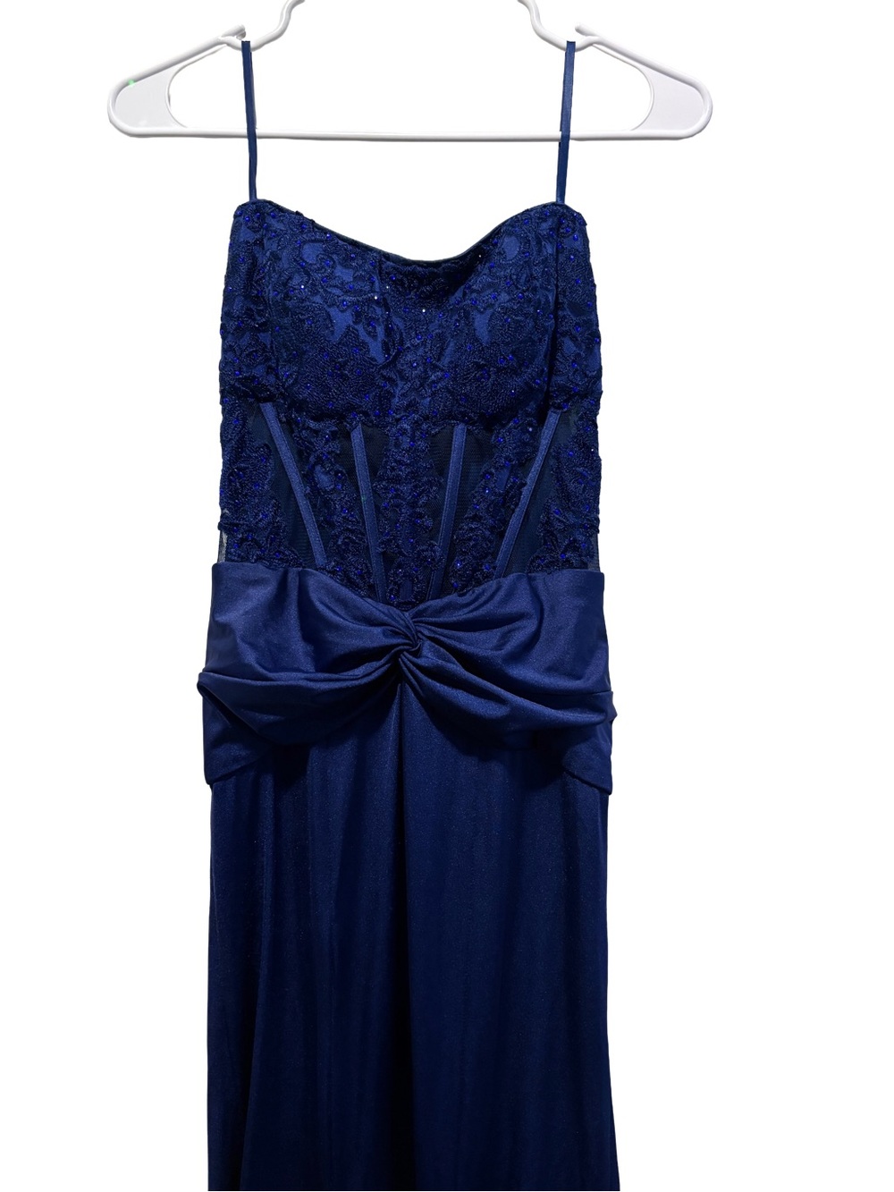 Navy Beaded Spaghetti Strap Evening Gown